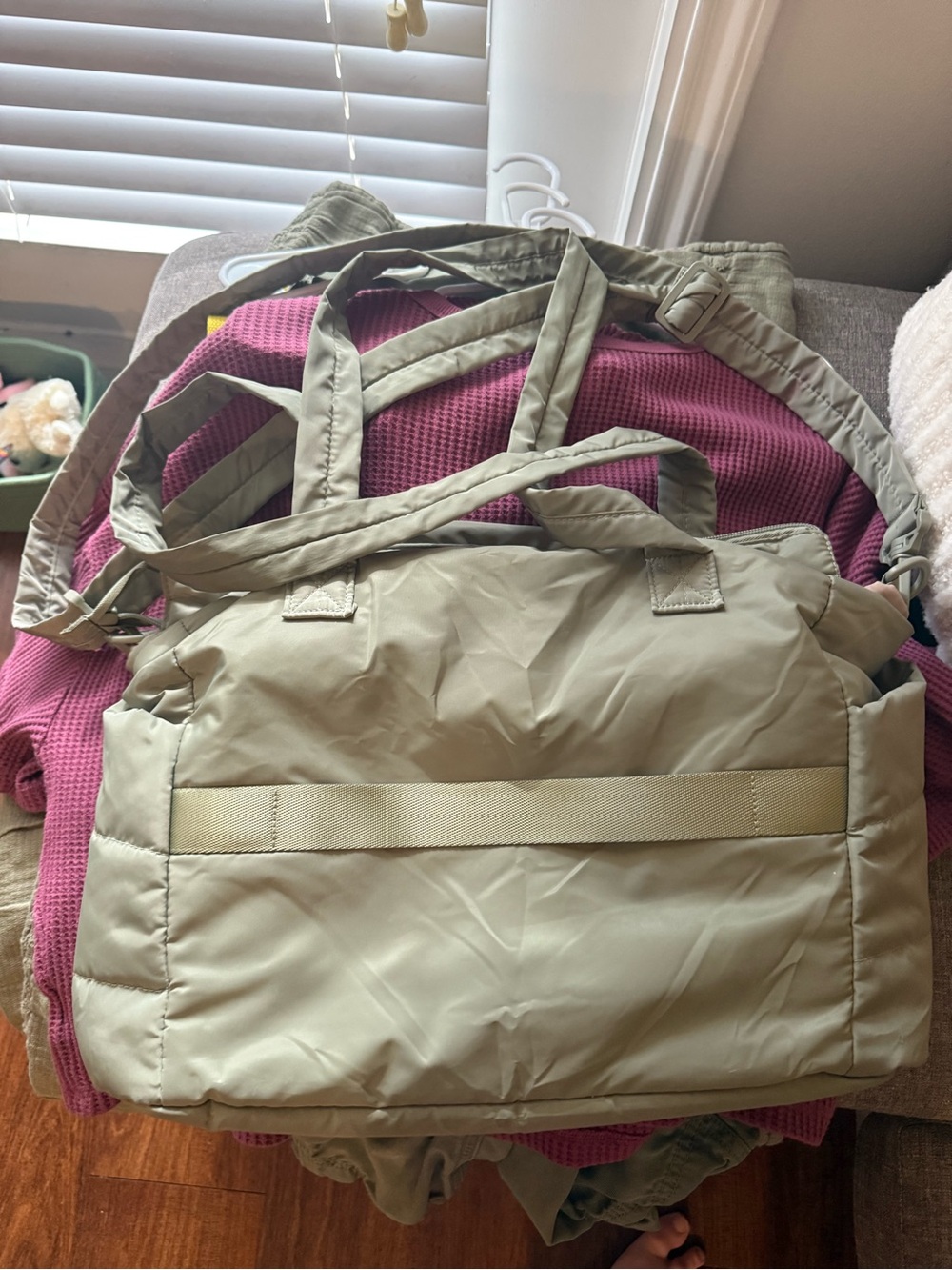 Light Olive Green Quilted Shoulder Tote Bag